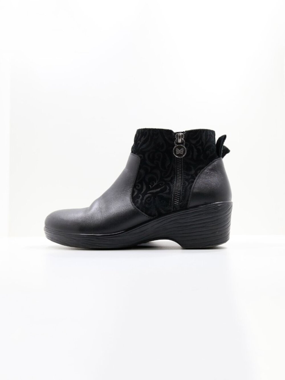 Alegria Serina Black Leather & Brocade 2.5" Wedge Heel Ankle Boots - 9/EU 39